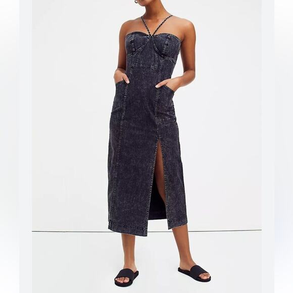 Free People Luanna Washed Black Denim Midi Dress Womens Size 2 Edgy Babydoll - Picture 1 of 7